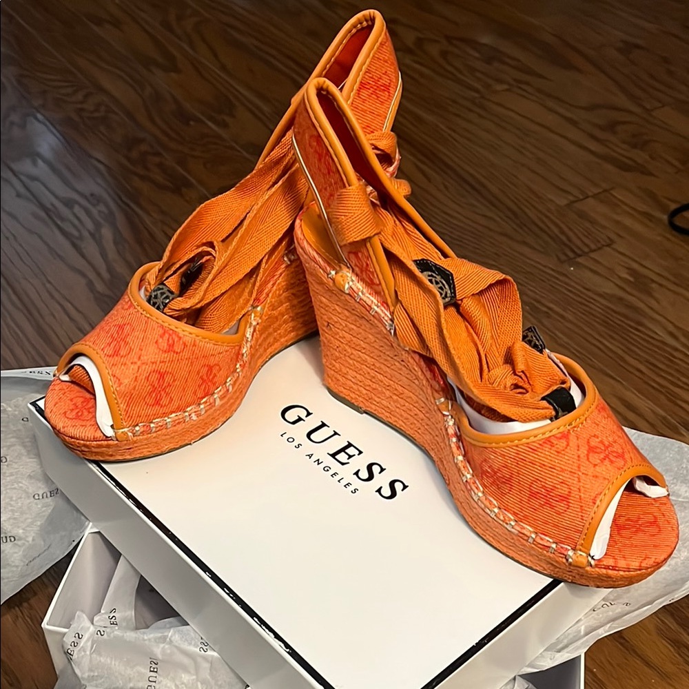 Brand New. Guess Orange Wedge Sandals with Crisscross Straps